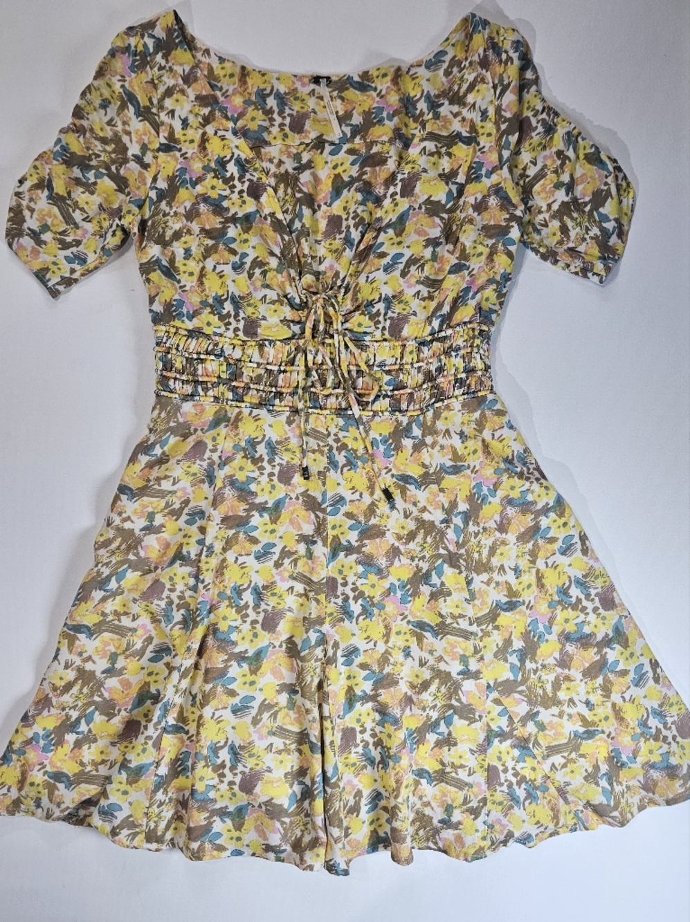 Free People Midi Dress Womens‎ Sz 2 Yellow Brown Floral Front Tie Boho Festival